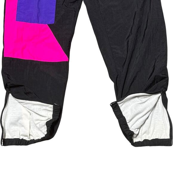 Lined Wind Suit Pants Vintage 80s Nylon Black Neon Pink Purple Yellow Small - Picture 3 of 4